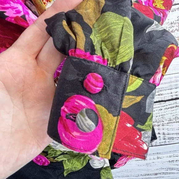 Vintage 100% Silk Wrap Top S Long Sleeve Black Bright Floral Whimsical Statement - Picture 6 of 11